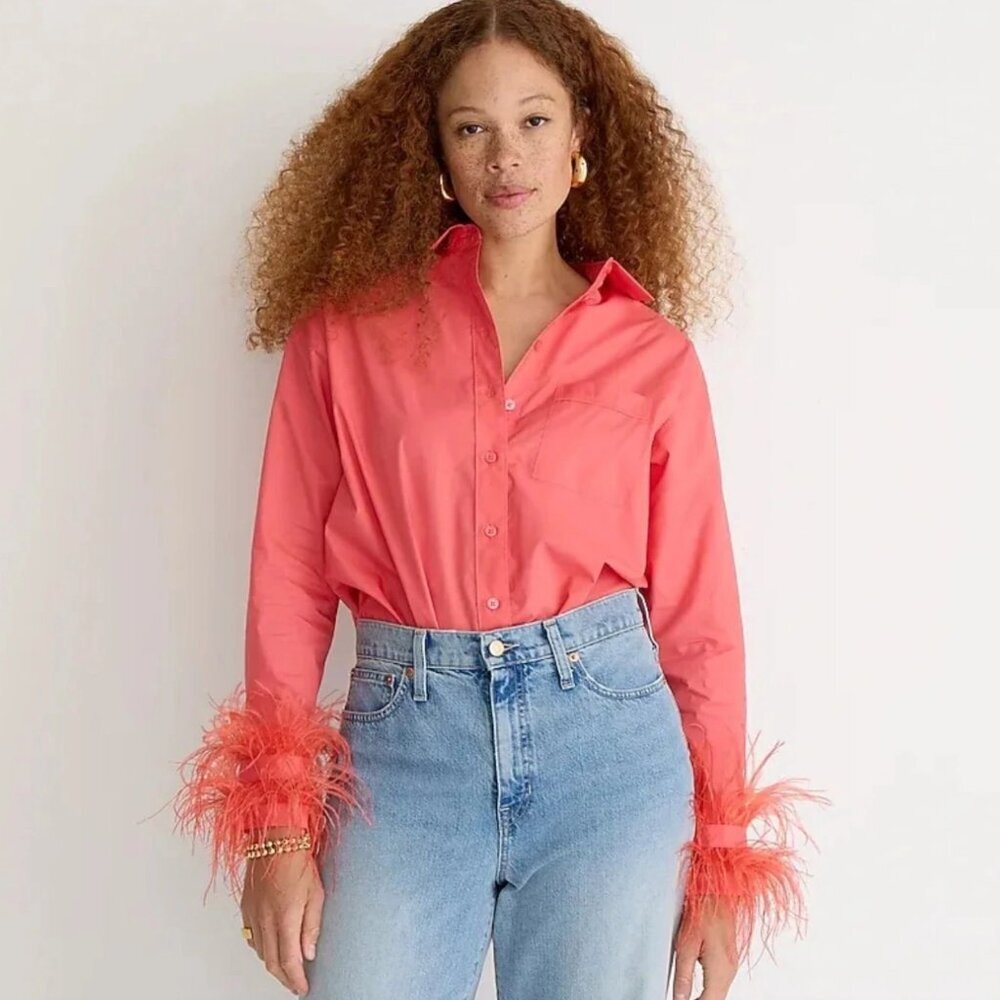 J. Crew Collection Feather Trim Poplin Button Down Oversized Shirt